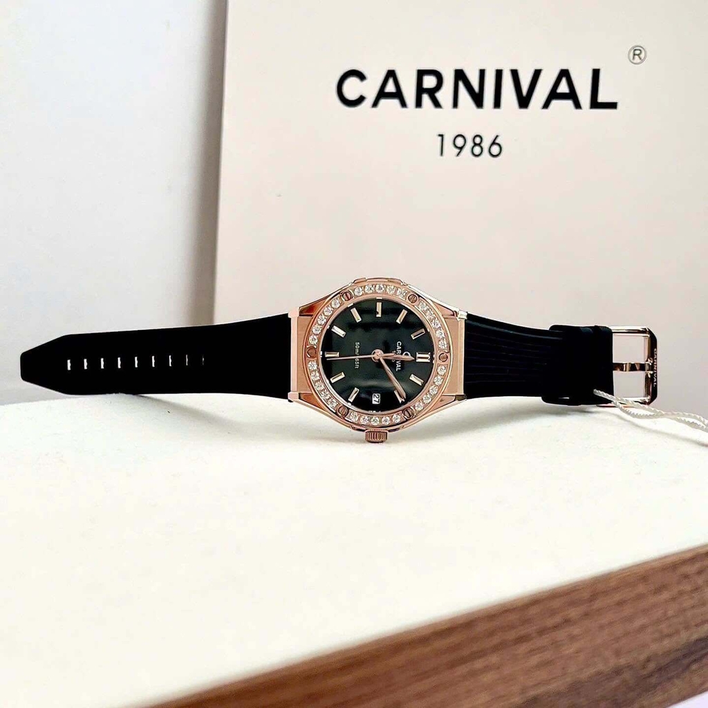Đồng Hồ Nữ Carnival 8168L2 Dây Cao Su Đen Mặt Đen Đính Đá Rose Size 34mm Quartz 8168L2 VH-DCS-D