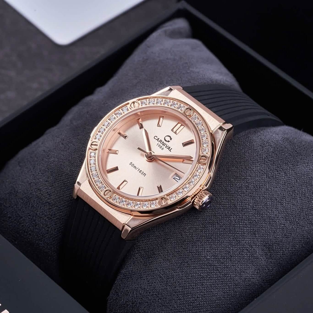 Đồng Hồ Nữ Carnival 8168L2 Dây Cao Su Đen Mặt Vàng Hồng Đính Đá Rose Size 34mm Quartz 8168L2 VH-DCS-NN