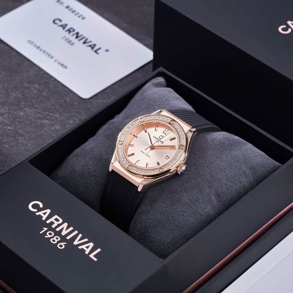 Đồng Hồ Nữ Carnival 8168L2 Dây Cao Su Đen Mặt Vàng Hồng Đính Đá Rose Size 34mm Quartz 8168L2 VH-DCS-NN