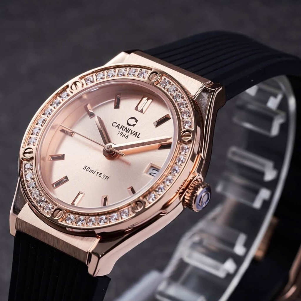 Đồng Hồ Nữ Carnival 8168L2 Dây Cao Su Đen Mặt Vàng Hồng Đính Đá Rose Size 34mm Quartz 8168L2 VH-DCS-NN