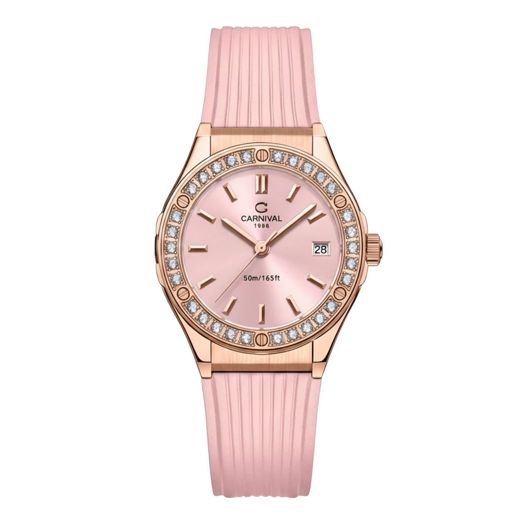 Đồng Hồ Nữ Carnival 8168L2 Dây Cao Su Hồng Đính Đá Rose Size 34mm Quartz 8168L2 VH-DCS-H