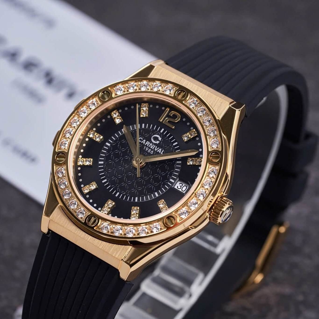 Đồng Hồ Nữ Carnival 8173L2 Dây Cao Su Đen Đính Đá Gold Size 34mm Quartz Japan Carnival 8173L2-VV-DCS-D