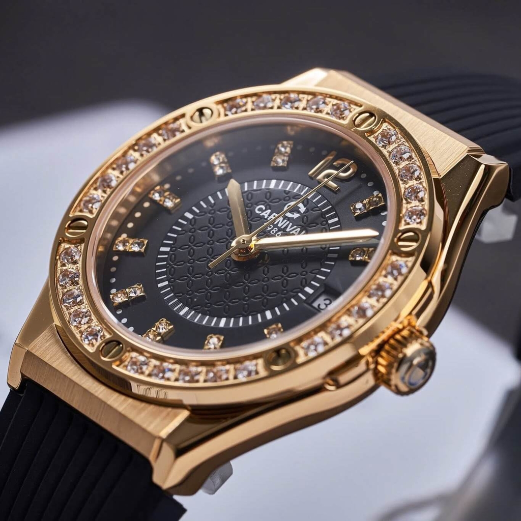 Đồng Hồ Nữ Carnival 8173L2 Dây Cao Su Đen Đính Đá Gold Size 34mm Quartz Japan Carnival 8173L2-VV-DCS-D