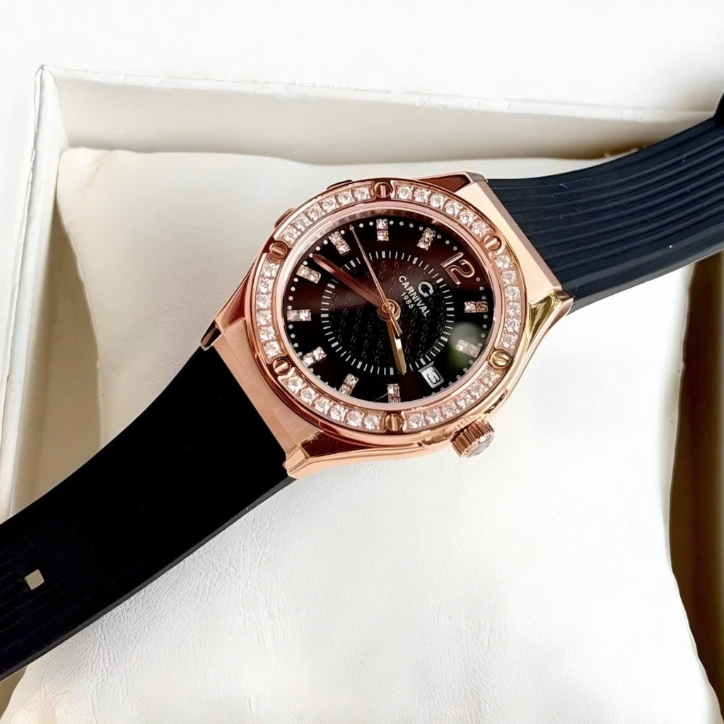 Đồng Hồ Nữ Carnival 8173L2 Dây Cao Su Đen Đính Đá Rose Size 34mm Quartz Japan Carnival 8173L2-VH-DCS-D