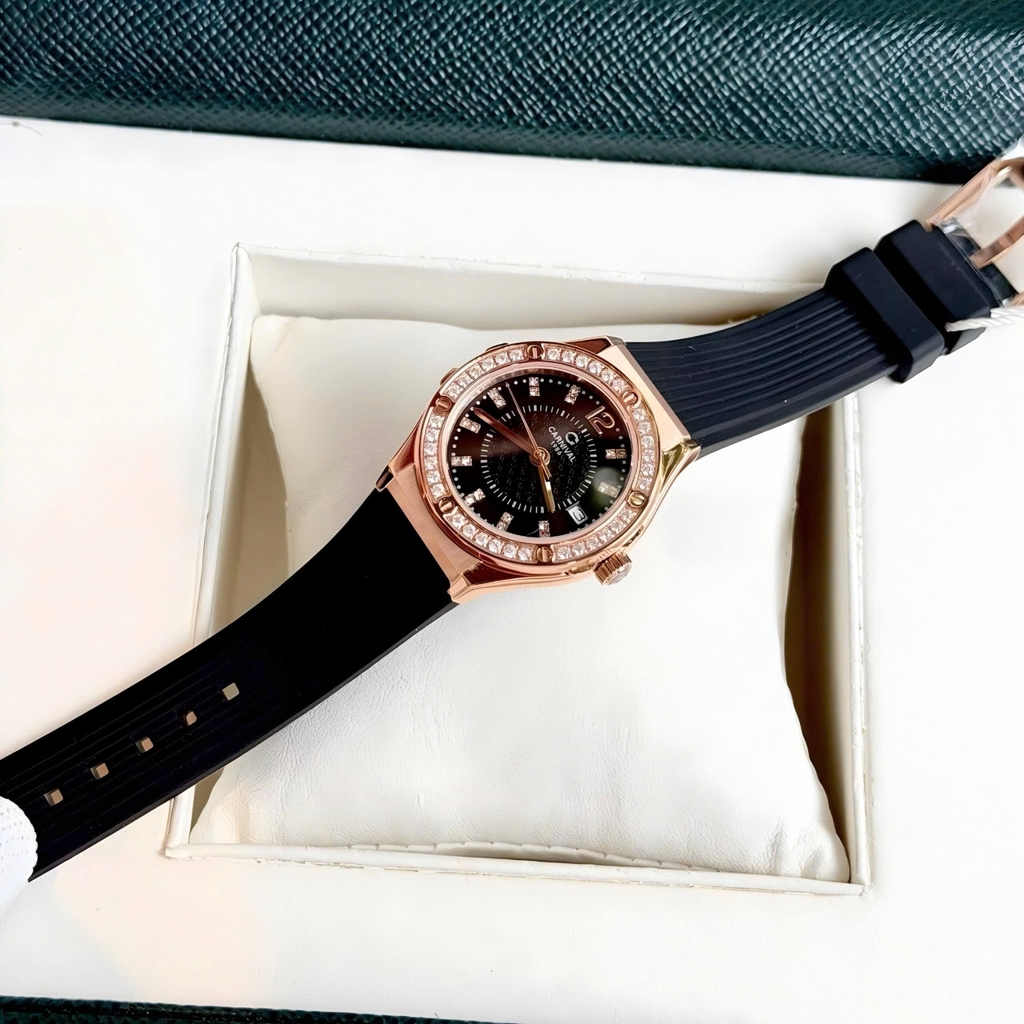 Đồng Hồ Nữ Carnival 8173L2 Dây Cao Su Đen Đính Đá Rose Size 34mm Quartz Japan Carnival 8173L2-VH-DCS-D