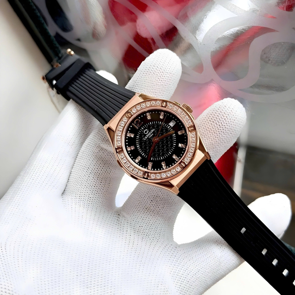 Đồng Hồ Nữ Carnival 8173L2 Dây Cao Su Đen Đính Đá Rose Size 34mm Quartz Japan Carnival 8173L2-VH-DCS-D