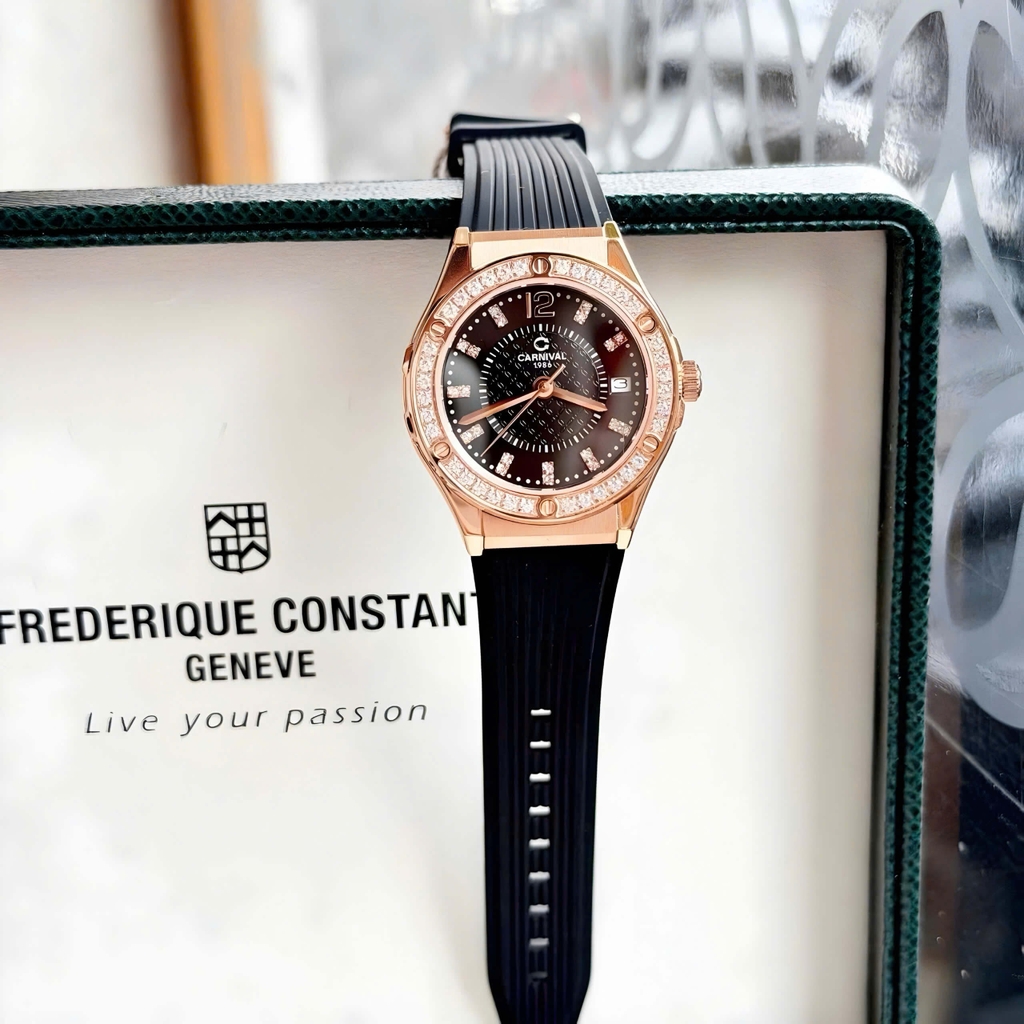 Đồng Hồ Nữ Carnival 8173L2 Dây Cao Su Đen Đính Đá Rose Size 34mm Quartz Japan Carnival 8173L2-VH-DCS-D