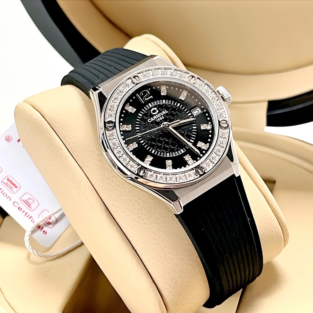 Đồng Hồ Nữ Carnival 8173L2 Dây Cao Su Đen Đính Đá Silver Size 34mm Quartz Japan Carnival 8173L2-VT-DCS-D