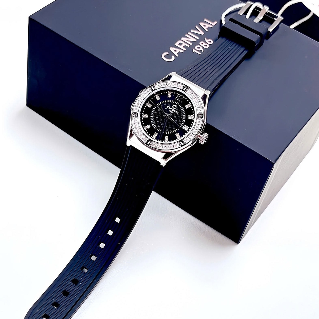 Đồng Hồ Nữ Carnival 8173L2 Dây Cao Su Đen Đính Đá Silver Size 34mm Quartz Japan Carnival 8173L2-VT-DCS-D
