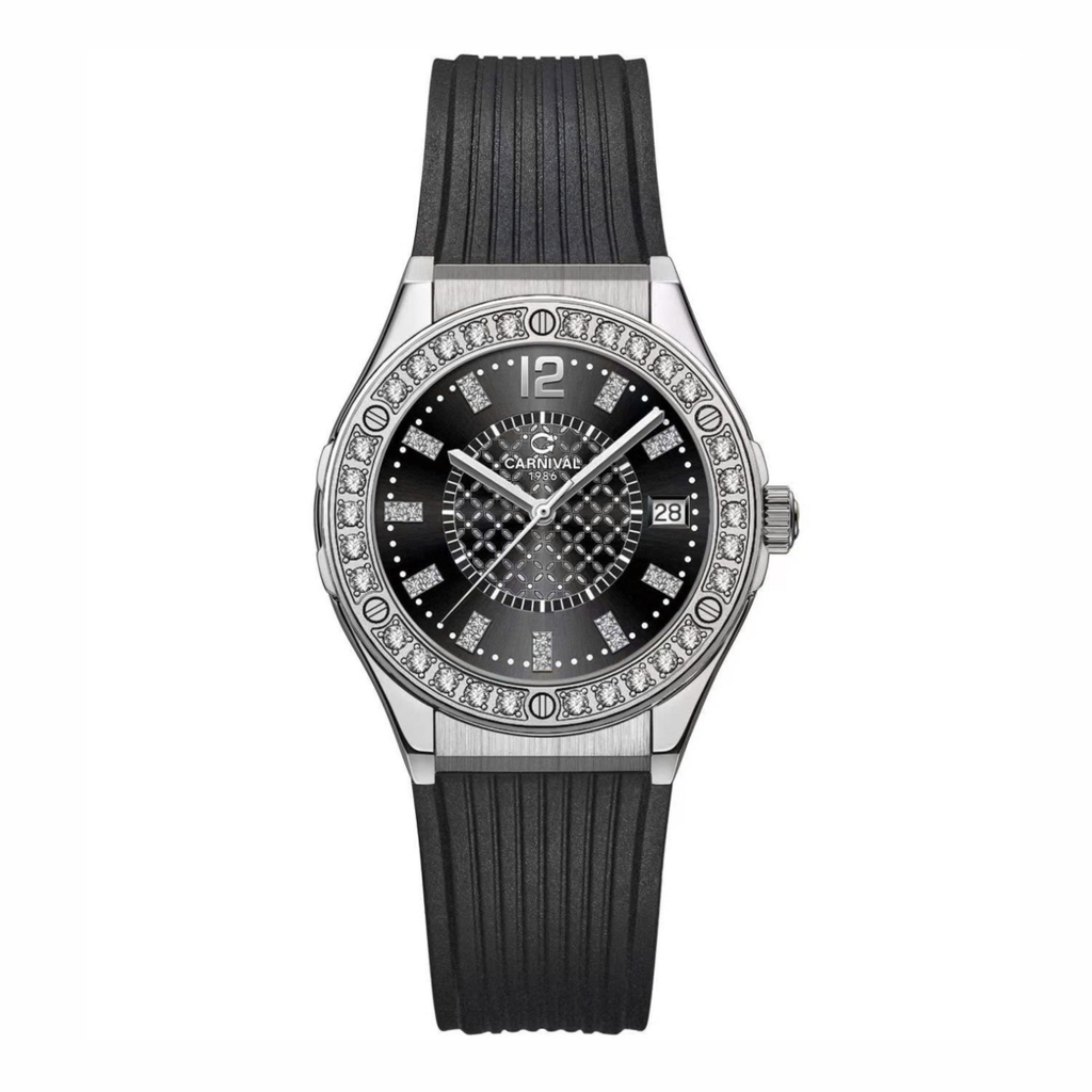 Đồng Hồ Nữ Carnival 8173L2 Dây Cao Su Đen Đính Đá Silver Size 34mm Quartz Japan Carnival 8173L2-VT-DCS-D