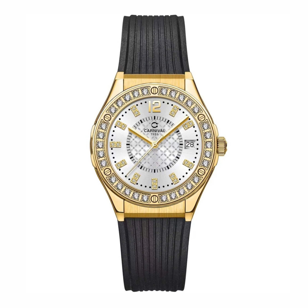Đồng Hồ Nữ Carnival 8173L2 Dây Cao Su Đen Mặt Trắng Đính Đá Gold Size 34mm Quartz Japan Carnival 8173L2 VV-DCS-T
