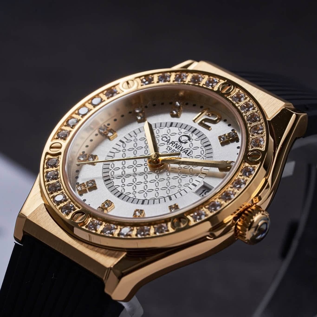 Đồng Hồ Nữ Carnival 8173L2 Dây Cao Su Đen Mặt Trắng Đính Đá Gold Size 34mm Quartz Japan Carnival 8173L2 VV-DCS-T