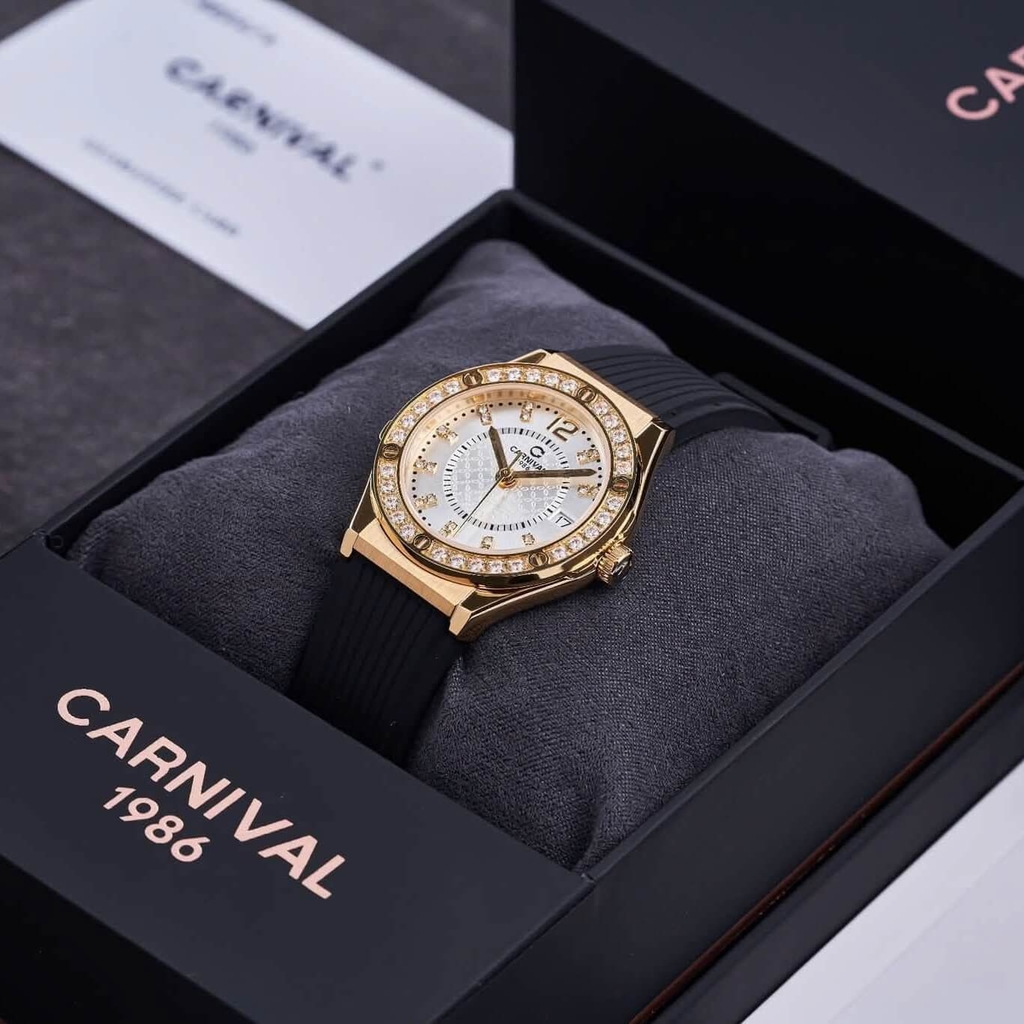 Đồng Hồ Nữ Carnival 8173L2 Dây Cao Su Đen Mặt Trắng Đính Đá Gold Size 34mm Quartz Japan Carnival 8173L2 VV-DCS-T