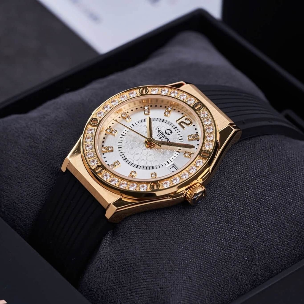 Đồng Hồ Nữ Carnival 8173L2 Dây Cao Su Đen Mặt Trắng Đính Đá Gold Size 34mm Quartz Japan Carnival 8173L2 VV-DCS-T