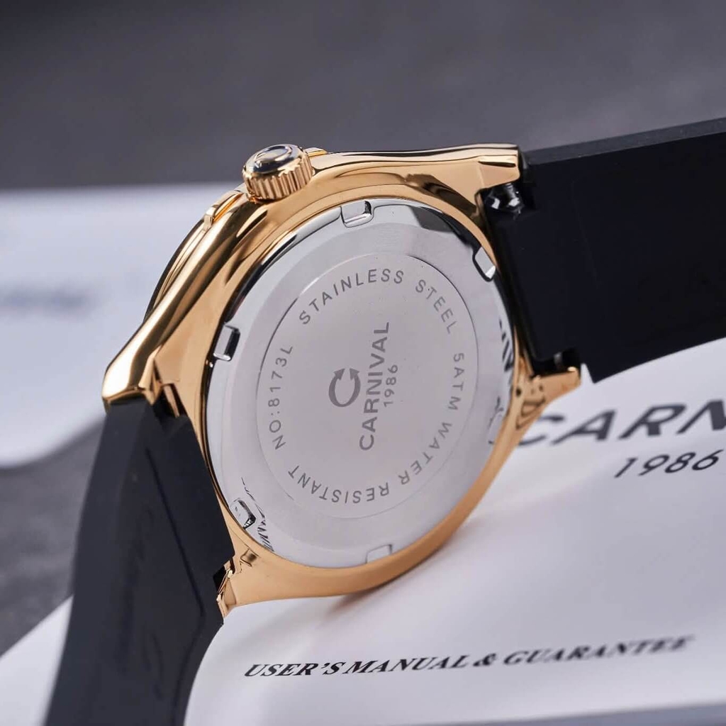 Đồng Hồ Nữ Carnival 8173L2 Dây Cao Su Đen Mặt Trắng Đính Đá Gold Size 34mm Quartz Japan Carnival 8173L2 VV-DCS-T