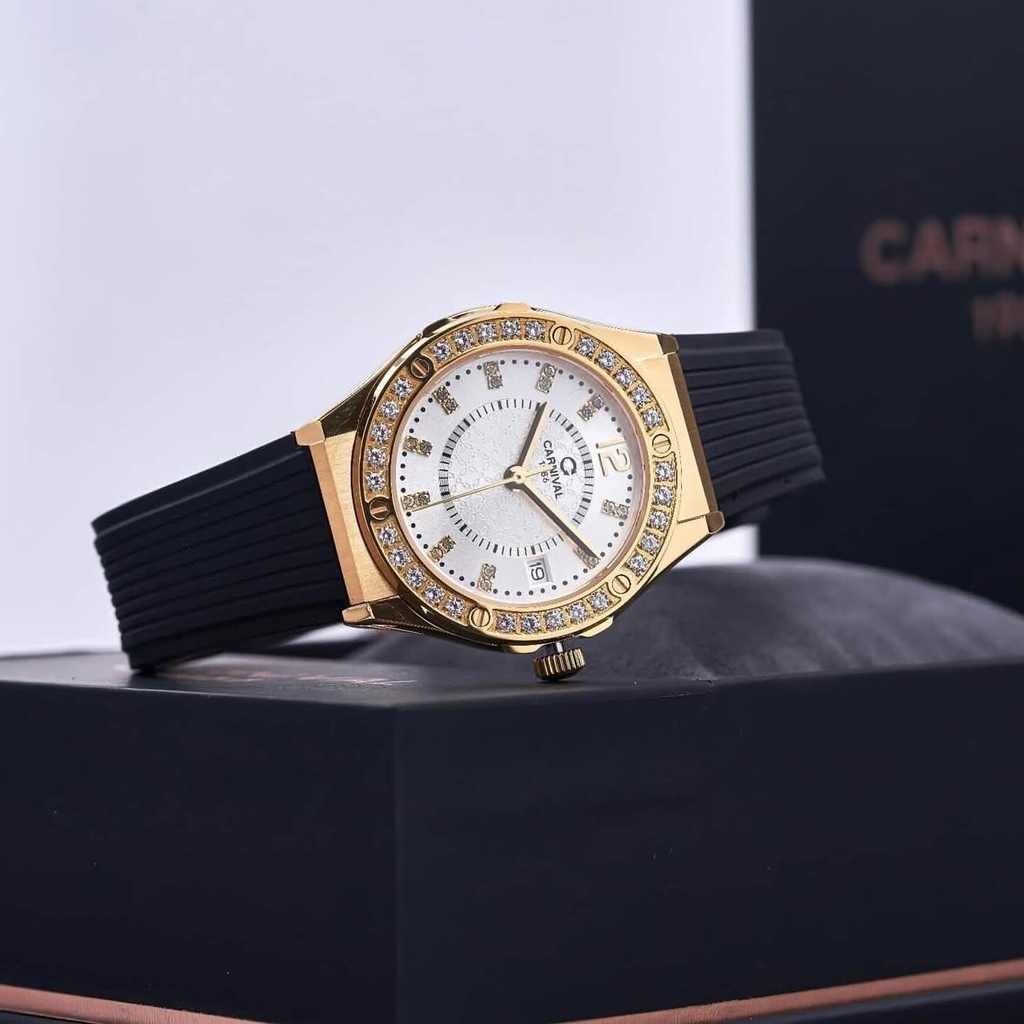 Đồng Hồ Nữ Carnival 8173L2 Dây Cao Su Đen Mặt Trắng Đính Đá Gold Size 34mm Quartz Japan Carnival 8173L2 VV-DCS-T