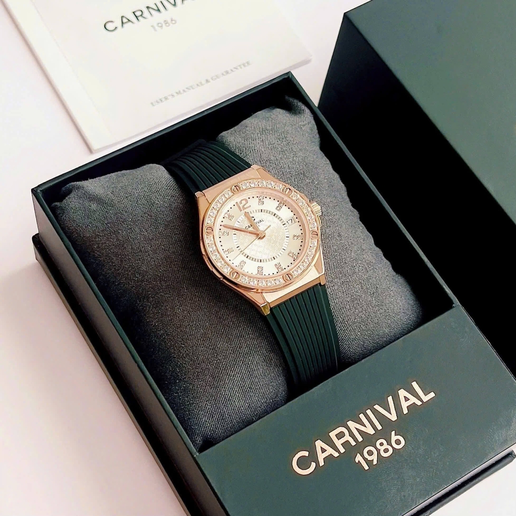 Đồng Hồ Nữ Carnival 8173L2 Dây Cao Su Đen Mặt Trắng Đính Đá Rose Size 34mm Quartz Japan Carnival 8173L2-VH-DCS-T