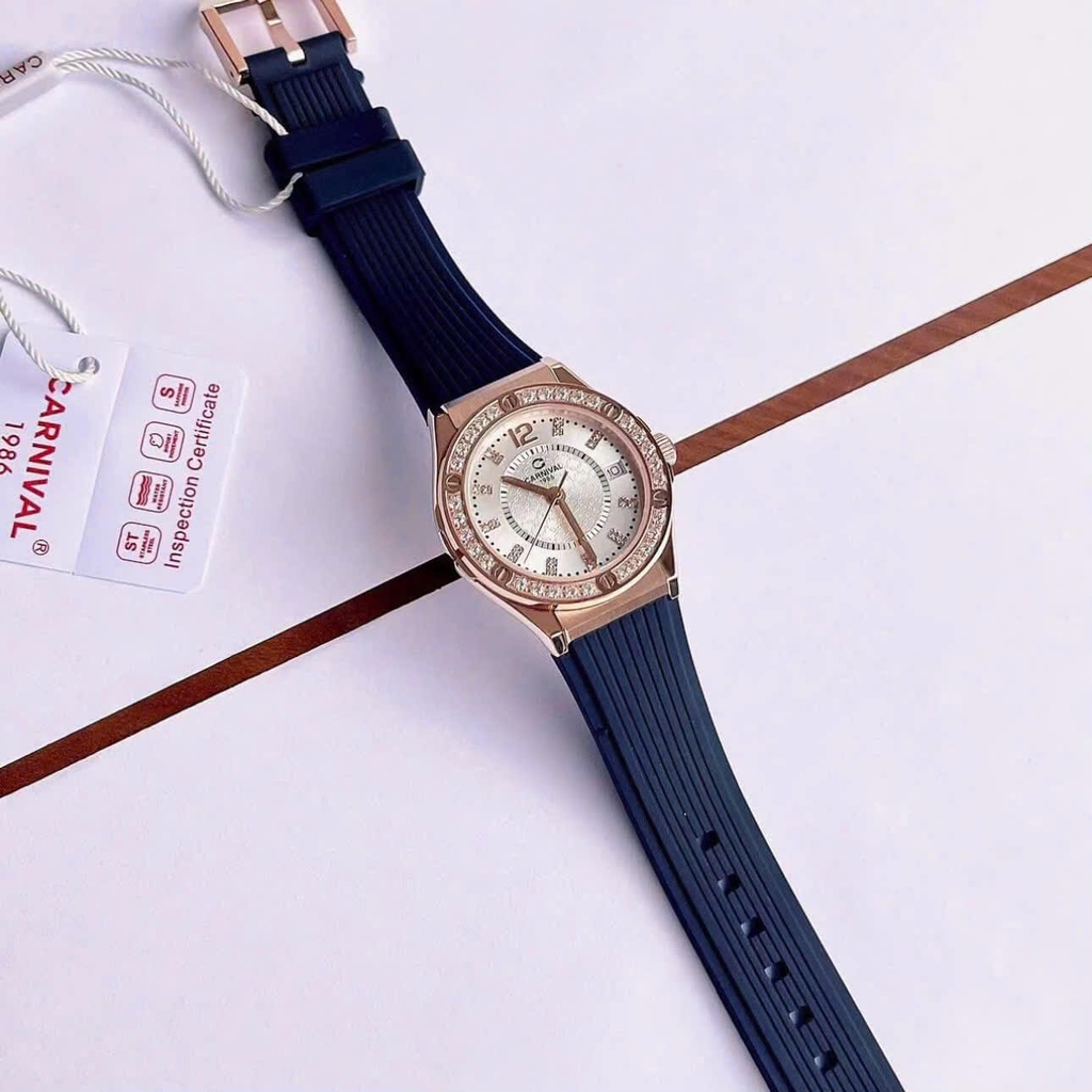 Đồng Hồ Nữ Carnival 8173L2 Dây Cao Su Đen Mặt Trắng Đính Đá Rose Size 34mm Quartz Japan Carnival 8173L2-VH-DCS-T