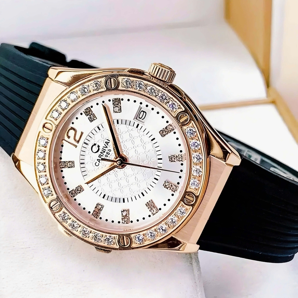 Đồng Hồ Nữ Carnival 8173L2 Dây Cao Su Đen Mặt Trắng Đính Đá Rose Size 34mm Quartz Japan Carnival 8173L2-VH-DCS-T