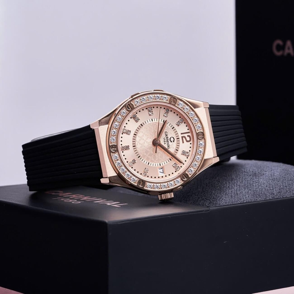 Đồng Hồ Nữ Carnival 8173L2 Dây Cao Su Đen Mặt Vàng Hồng Đính Đá Rose Size 34mm Quartz Japan Carnival 8173L2 VH-DCS-NN-