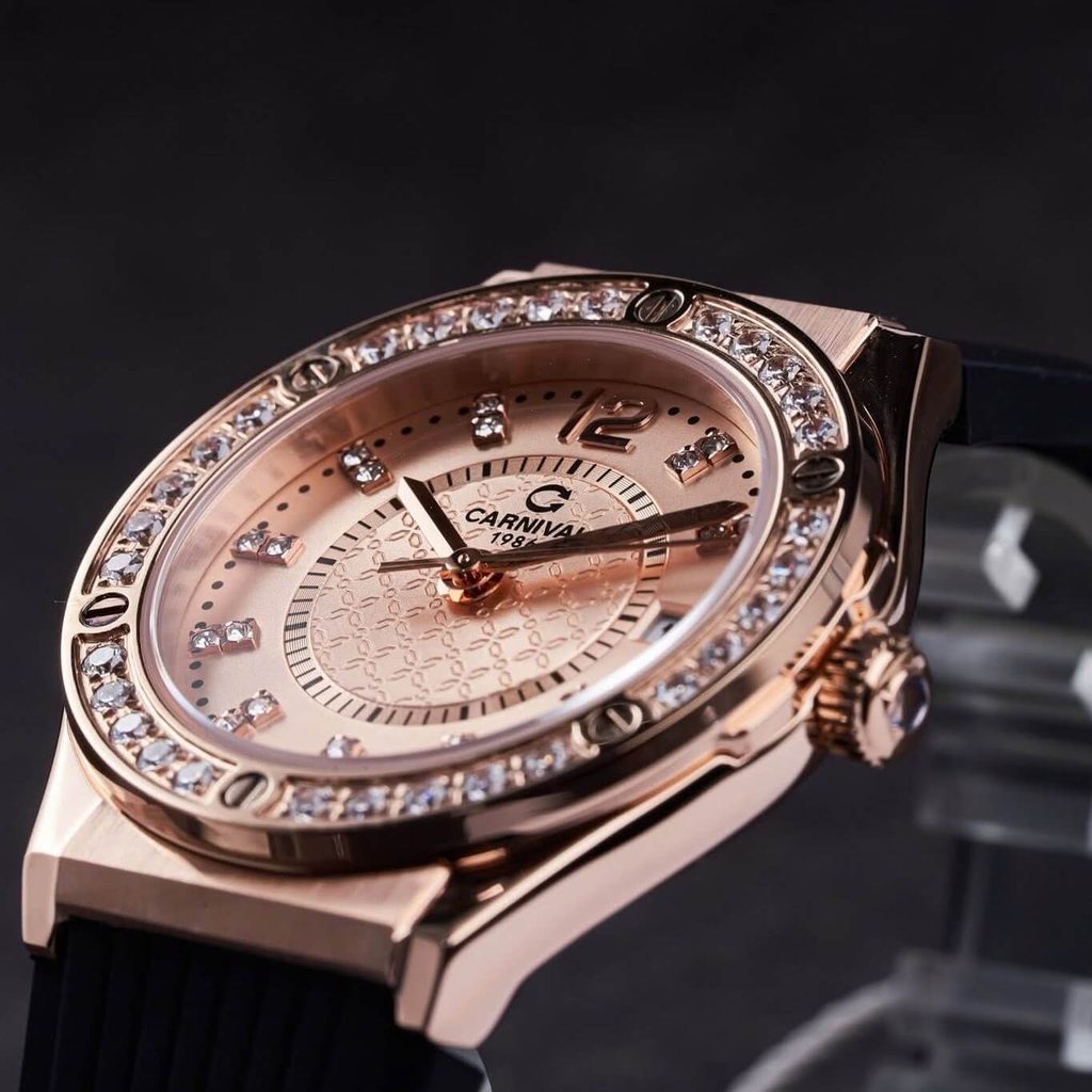 Đồng Hồ Nữ Carnival 8173L2 Dây Cao Su Đen Mặt Vàng Hồng Đính Đá Rose Size 34mm Quartz Japan Carnival 8173L2 VH-DCS-NN-