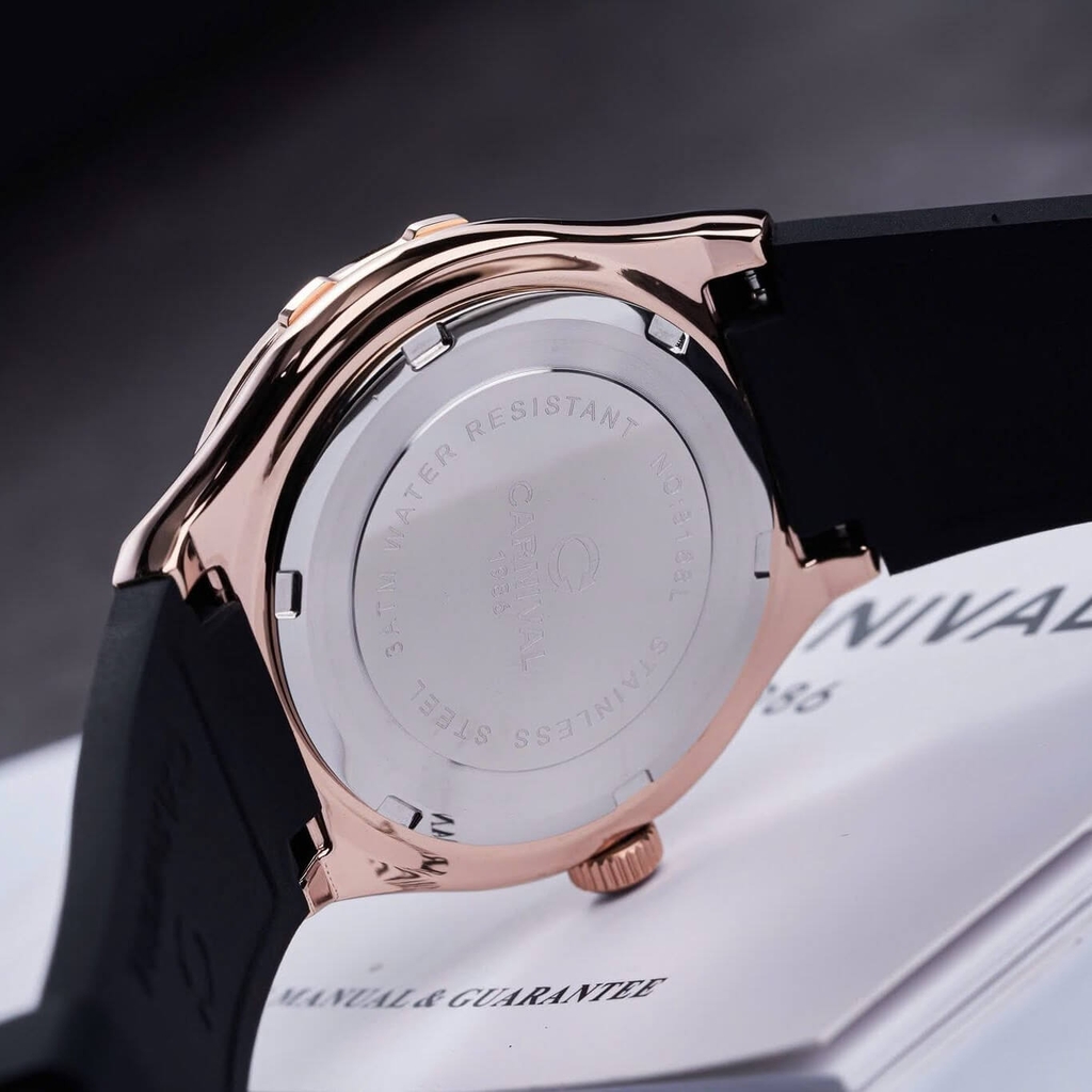 Đồng Hồ Nữ Carnival 8173L2 Dây Cao Su Đen Mặt Vàng Hồng Đính Đá Rose Size 34mm Quartz Japan Carnival 8173L2 VH-DCS-NN-