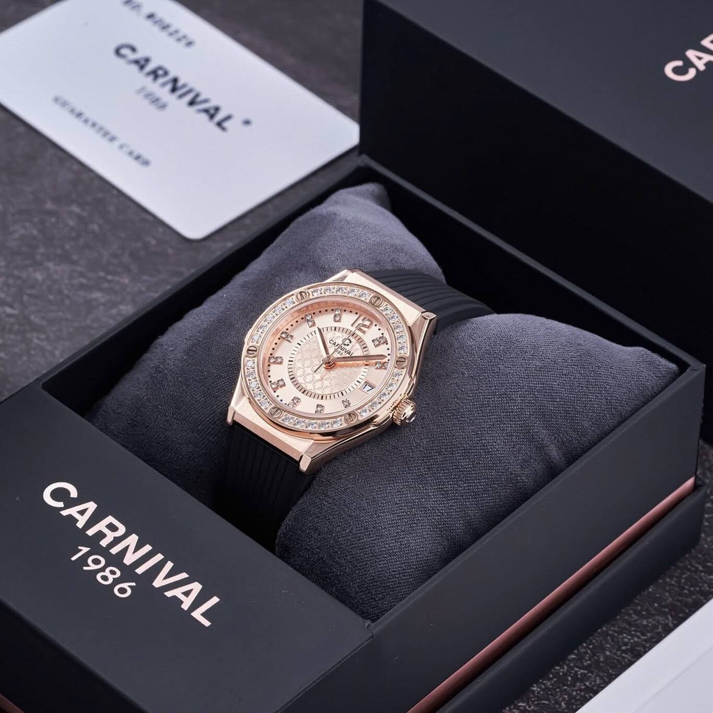 Đồng Hồ Nữ Carnival 8173L2 Dây Cao Su Đen Mặt Vàng Hồng Đính Đá Rose Size 34mm Quartz Japan Carnival 8173L2 VH-DCS-NN-