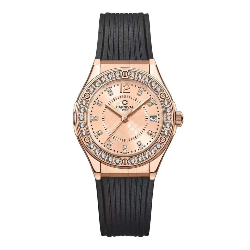 Đồng Hồ Nữ Carnival 8173L2 Dây Cao Su Đen Mặt Vàng Hồng Đính Đá Rose Size 34mm Quartz Japan Carnival 8173L2 VH-DCS-NN-