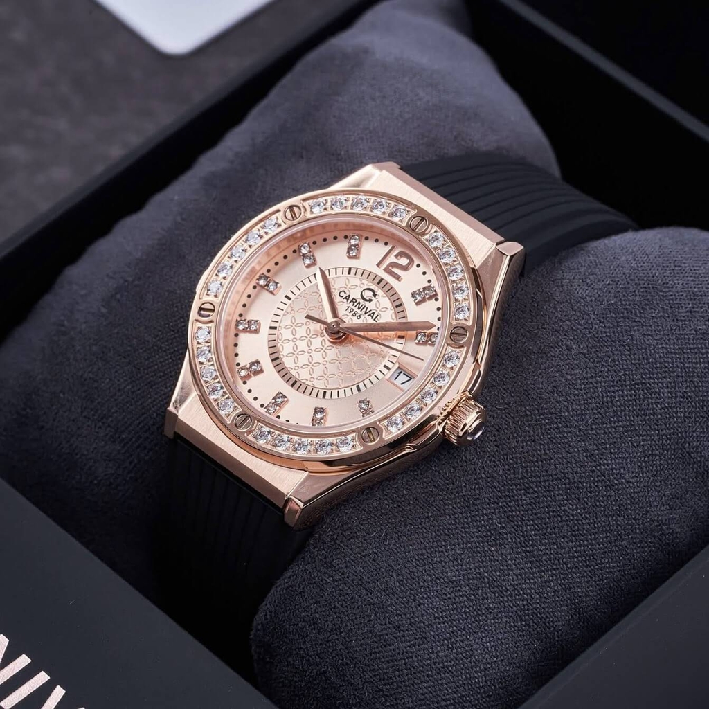 Đồng Hồ Nữ Carnival 8173L2 Dây Cao Su Đen Mặt Vàng Hồng Đính Đá Rose Size 34mm Quartz Japan Carnival 8173L2 VH-DCS-NN-