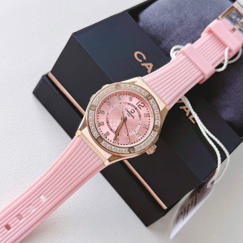 Đồng Hồ Nữ Carnival 8173L2 Dây Cao Su Hồng Đính Đá Rose Size 34mm Quartz Japan Carnival 8173L2-VH-DCS-H