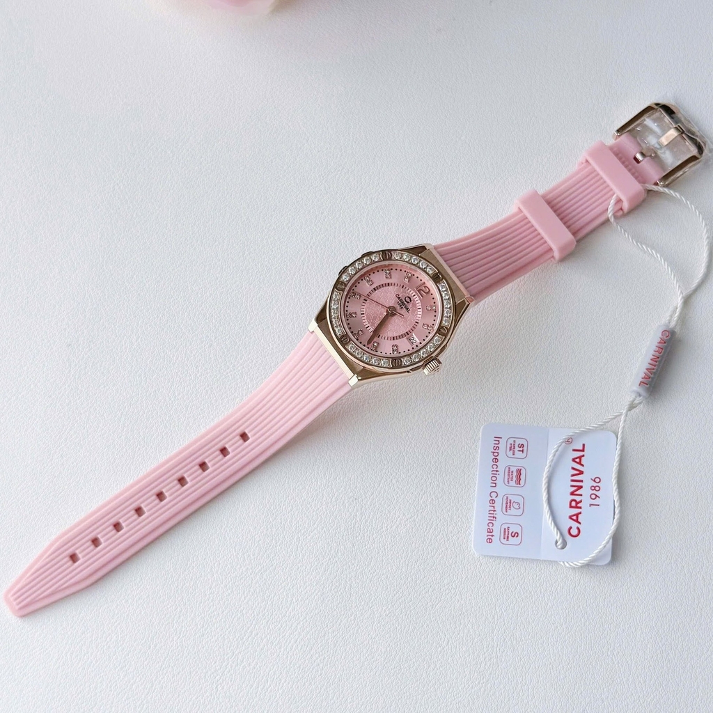 Đồng Hồ Nữ Carnival 8173L2 Dây Cao Su Hồng Đính Đá Rose Size 34mm Quartz Japan Carnival 8173L2-VH-DCS-H