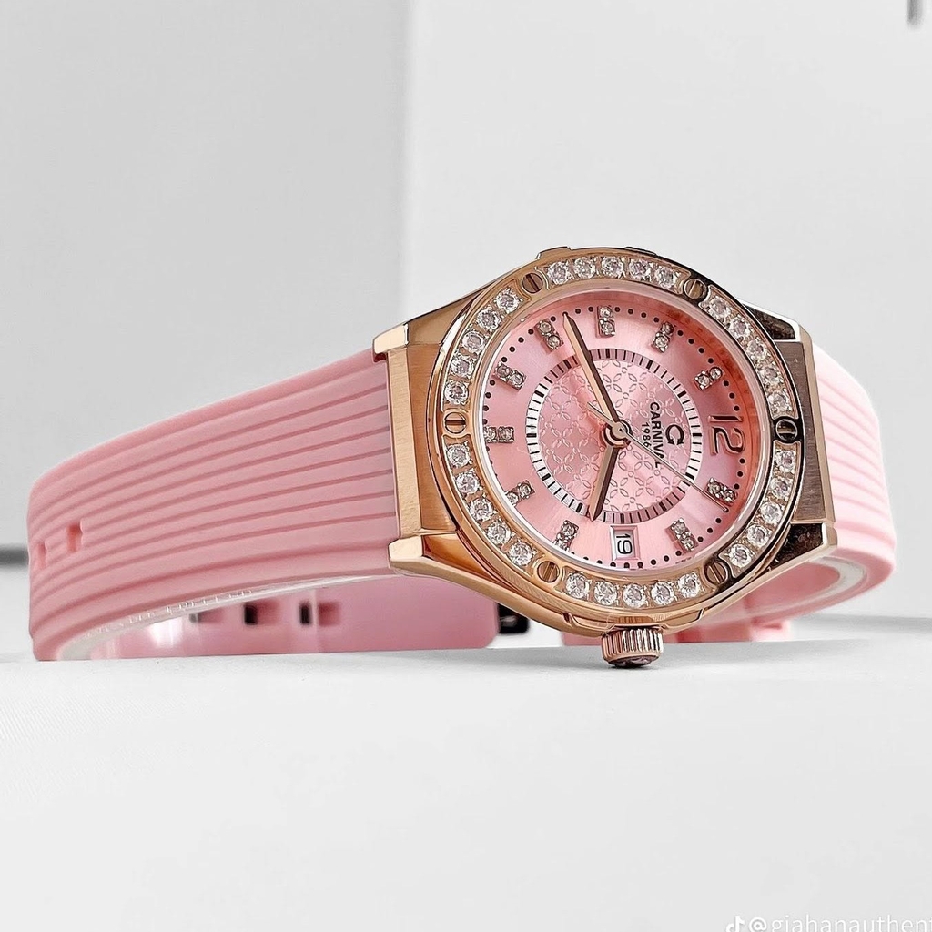 Đồng Hồ Nữ Carnival 8173L2 Dây Cao Su Hồng Đính Đá Rose Size 34mm Quartz Japan Carnival 8173L2-VH-DCS-H
