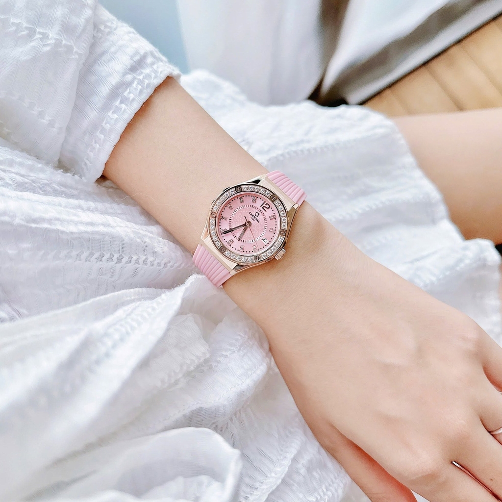 Đồng Hồ Nữ Carnival 8173L2 Dây Cao Su Hồng Đính Đá Rose Size 34mm Quartz Japan Carnival 8173L2-VH-DCS-H