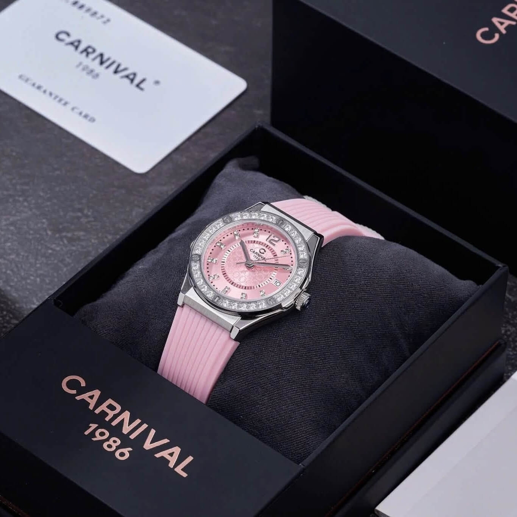 Đồng Hồ Nữ Carnival 8173L2 Dây Cao Su Hồng Đính Đá Silver Size 34mm Quartz Japan Carnival 8173L2-VT-DCS-H