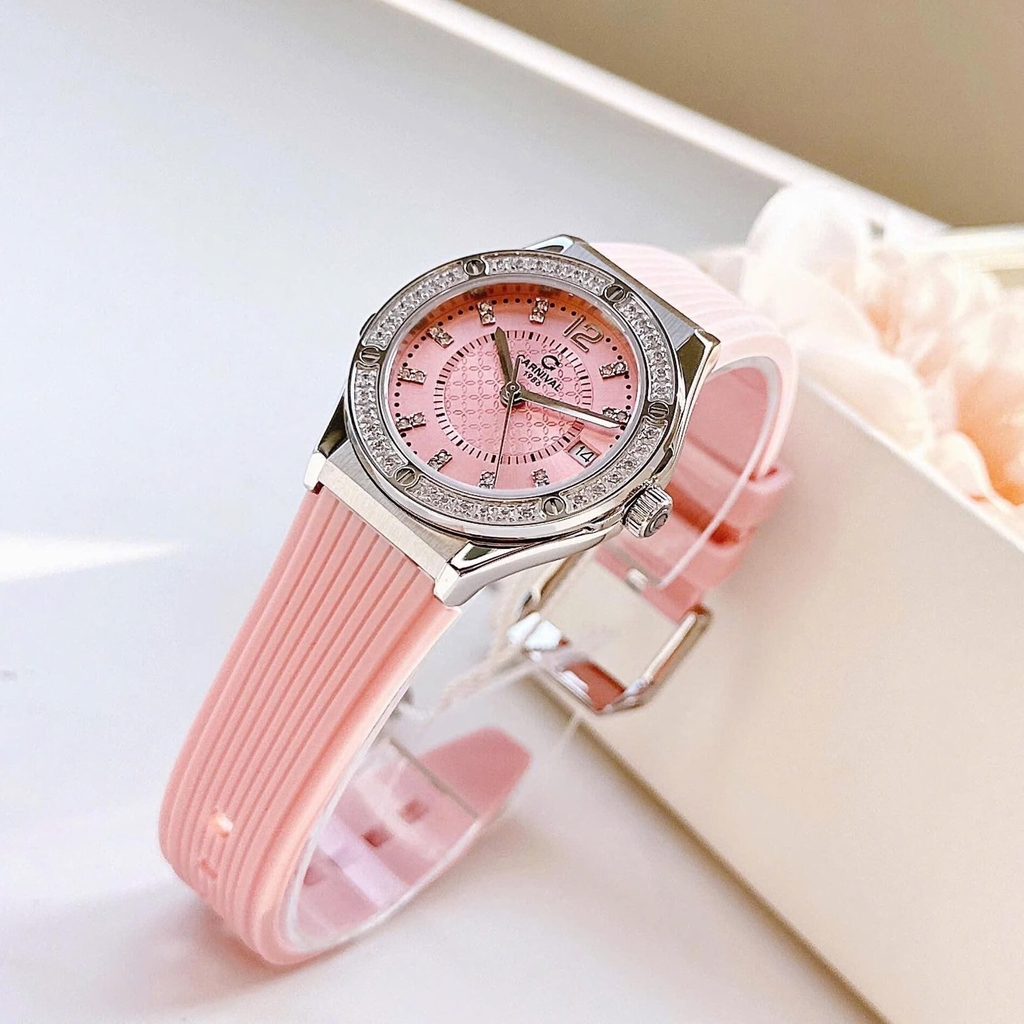Đồng Hồ Nữ Carnival 8173L2 Dây Cao Su Hồng Đính Đá Silver Size 34mm Quartz Japan Carnival 8173L2-VT-DCS-H