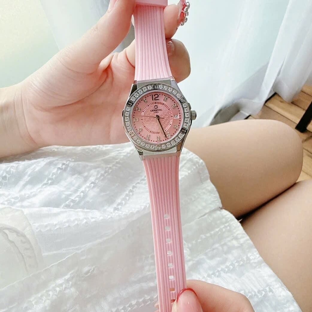 Đồng Hồ Nữ Carnival 8173L2 Dây Cao Su Hồng Đính Đá Silver Size 34mm Quartz Japan Carnival 8173L2-VT-DCS-H