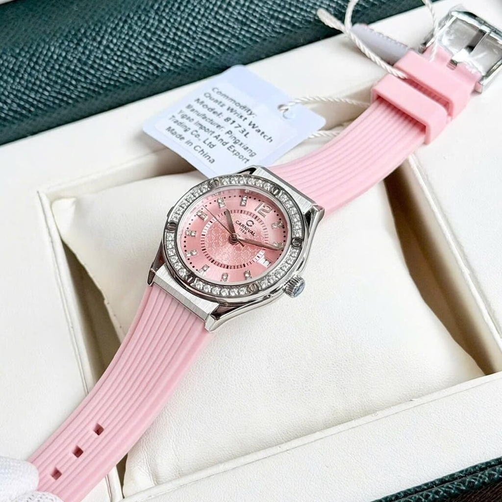 Đồng Hồ Nữ Carnival 8173L2 Dây Cao Su Hồng Đính Đá Silver Size 34mm Quartz Japan Carnival 8173L2-VT-DCS-H