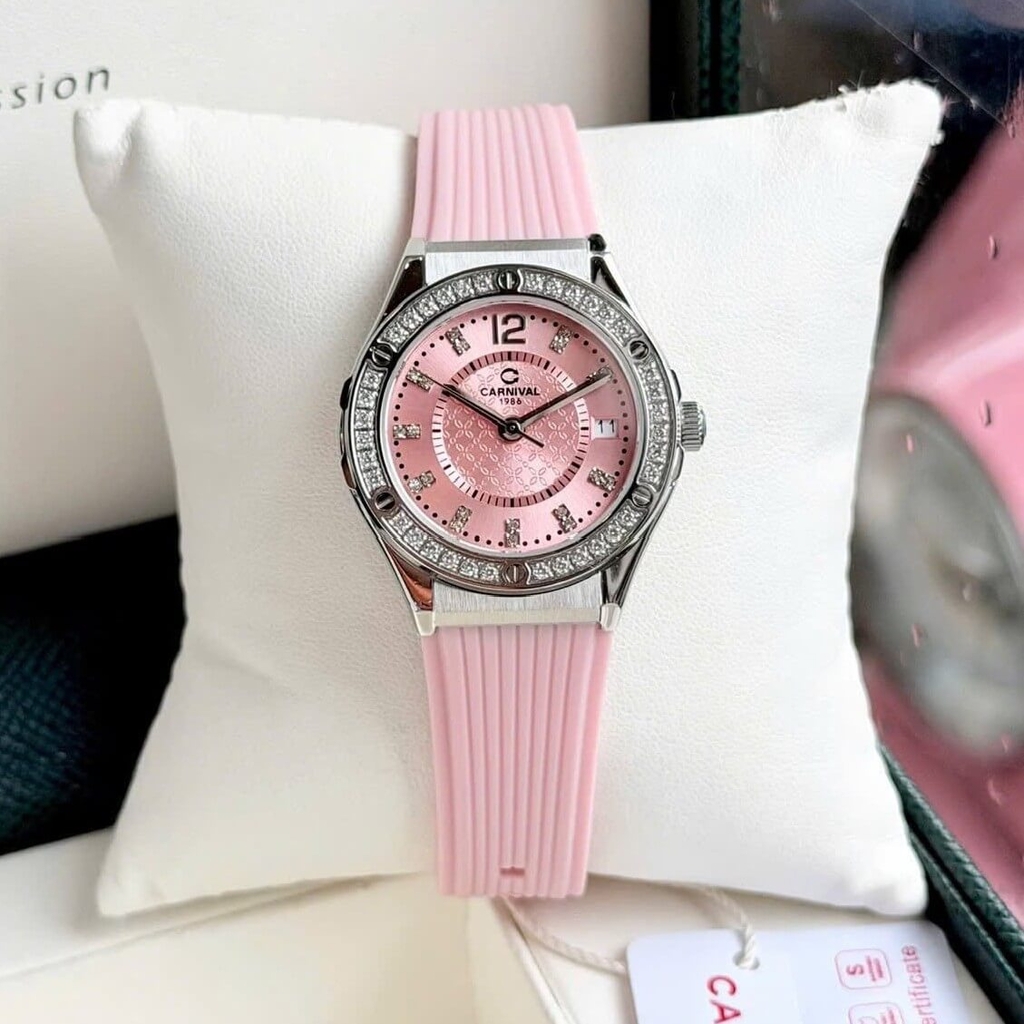 Đồng Hồ Nữ Carnival 8173L2 Dây Cao Su Hồng Đính Đá Silver Size 34mm Quartz Japan Carnival 8173L2-VT-DCS-H