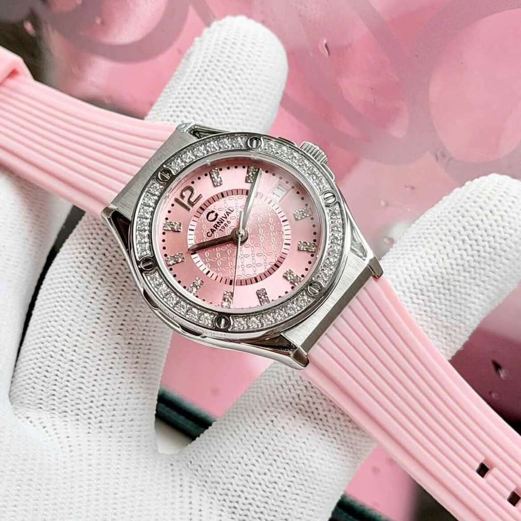 Đồng Hồ Nữ Carnival 8173L2 Dây Cao Su Hồng Đính Đá Silver Size 34mm Quartz Japan Carnival 8173L2-VT-DCS-H