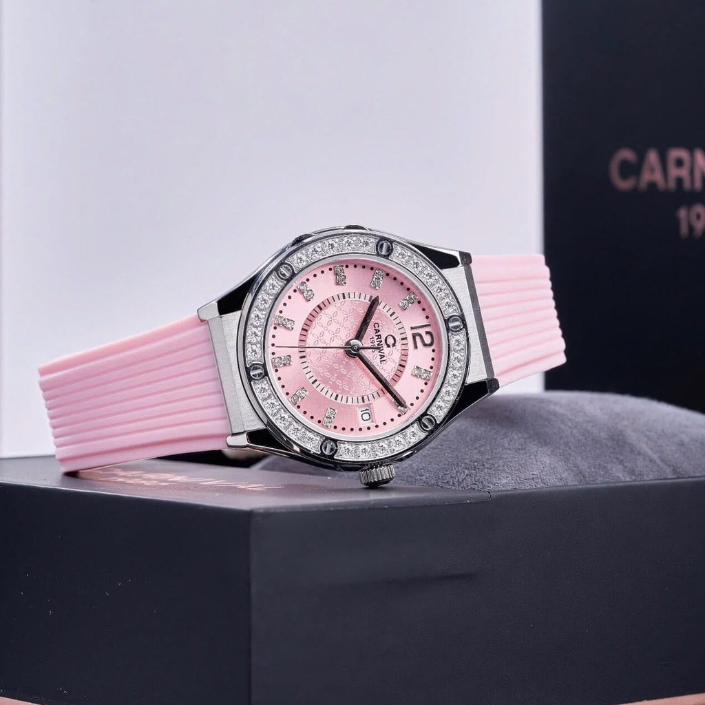 Đồng Hồ Nữ Carnival 8173L2 Dây Cao Su Hồng Đính Đá Silver Size 34mm Quartz Japan Carnival 8173L2-VT-DCS-H