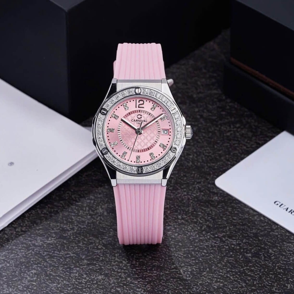 Đồng Hồ Nữ Carnival 8173L2 Dây Cao Su Hồng Đính Đá Silver Size 34mm Quartz Japan Carnival 8173L2-VT-DCS-H