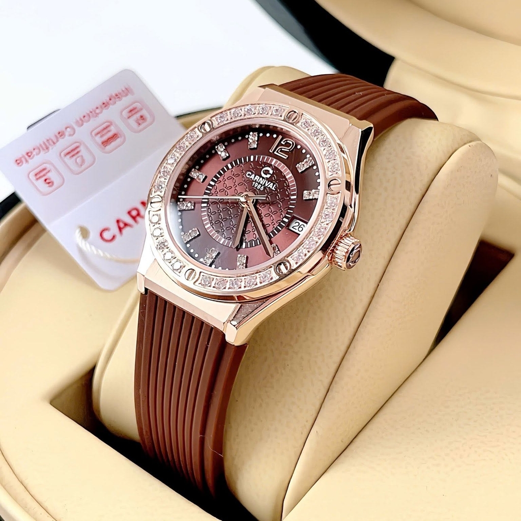 Đồng Hồ Nữ Carnival 8173L2 Dây Cao Su Nâu Đính Đá Rose Size 34mm Quartz Japan Carnival 8173L2-VH-DCS-N