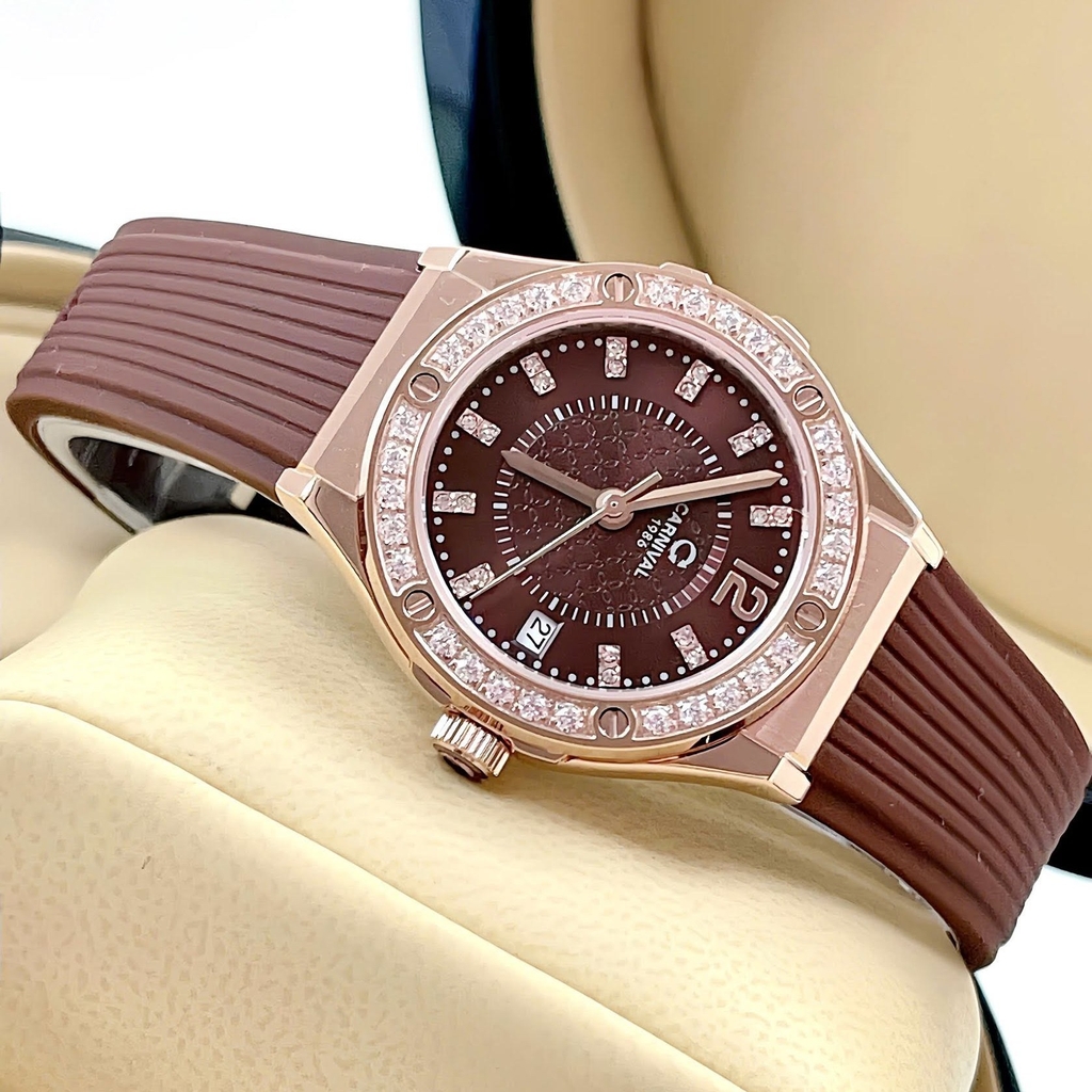 Đồng Hồ Nữ Carnival 8173L2 Dây Cao Su Nâu Đính Đá Rose Size 34mm Quartz Japan Carnival 8173L2-VH-DCS-N