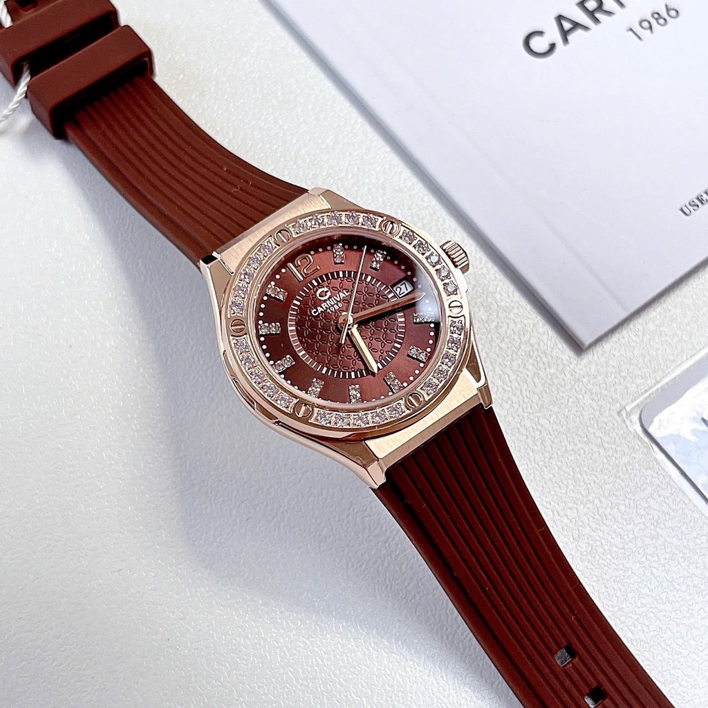 Đồng Hồ Nữ Carnival 8173L2 Dây Cao Su Nâu Đính Đá Rose Size 34mm Quartz Japan Carnival 8173L2-VH-DCS-N