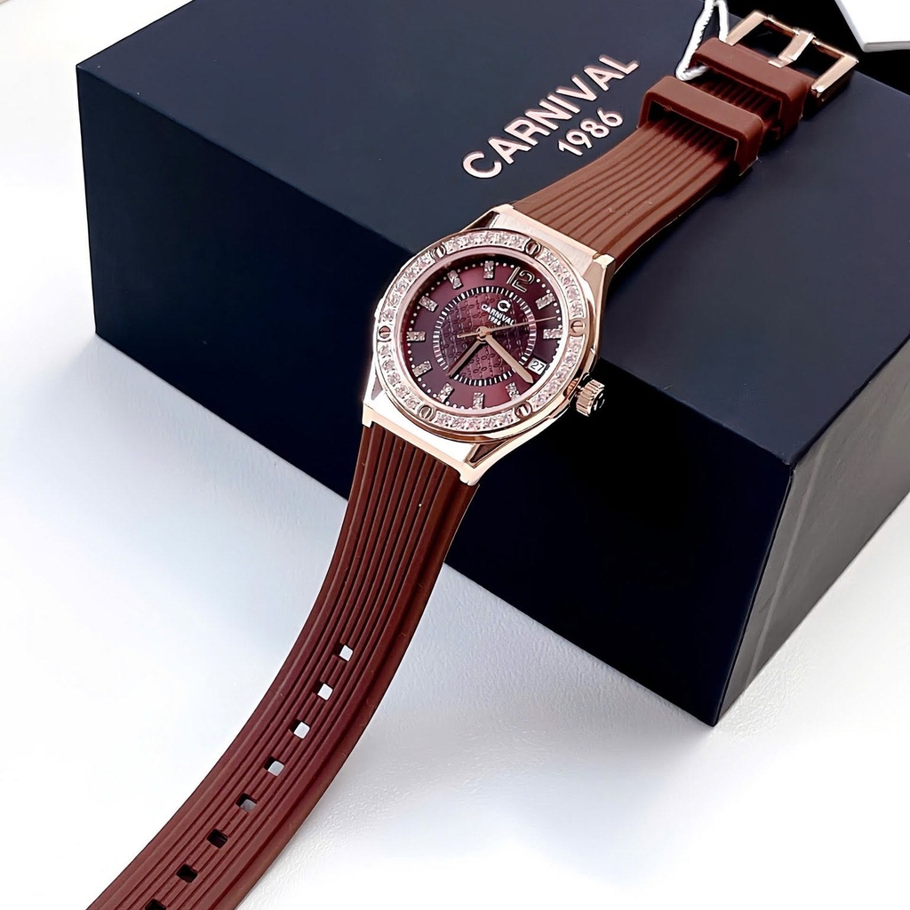 Đồng Hồ Nữ Carnival 8173L2 Dây Cao Su Nâu Đính Đá Rose Size 34mm Quartz Japan Carnival 8173L2-VH-DCS-N