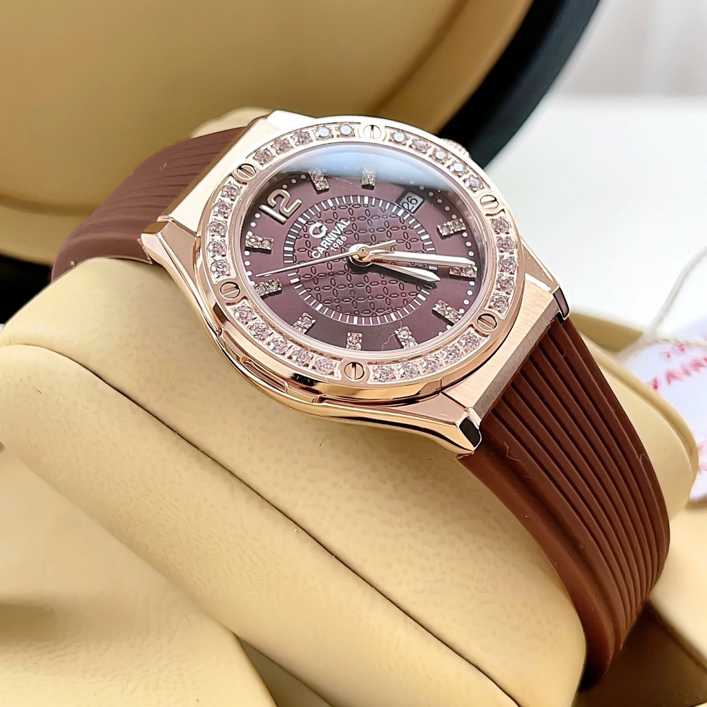 Đồng Hồ Nữ Carnival 8173L2 Dây Cao Su Nâu Đính Đá Rose Size 34mm Quartz Japan Carnival 8173L2-VH-DCS-N