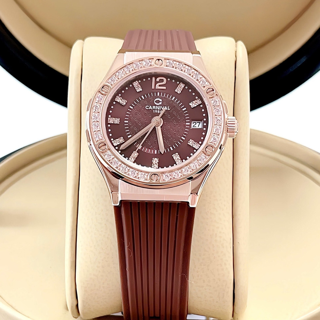Đồng Hồ Nữ Carnival 8173L2 Dây Cao Su Nâu Đính Đá Rose Size 34mm Quartz Japan Carnival 8173L2-VH-DCS-N