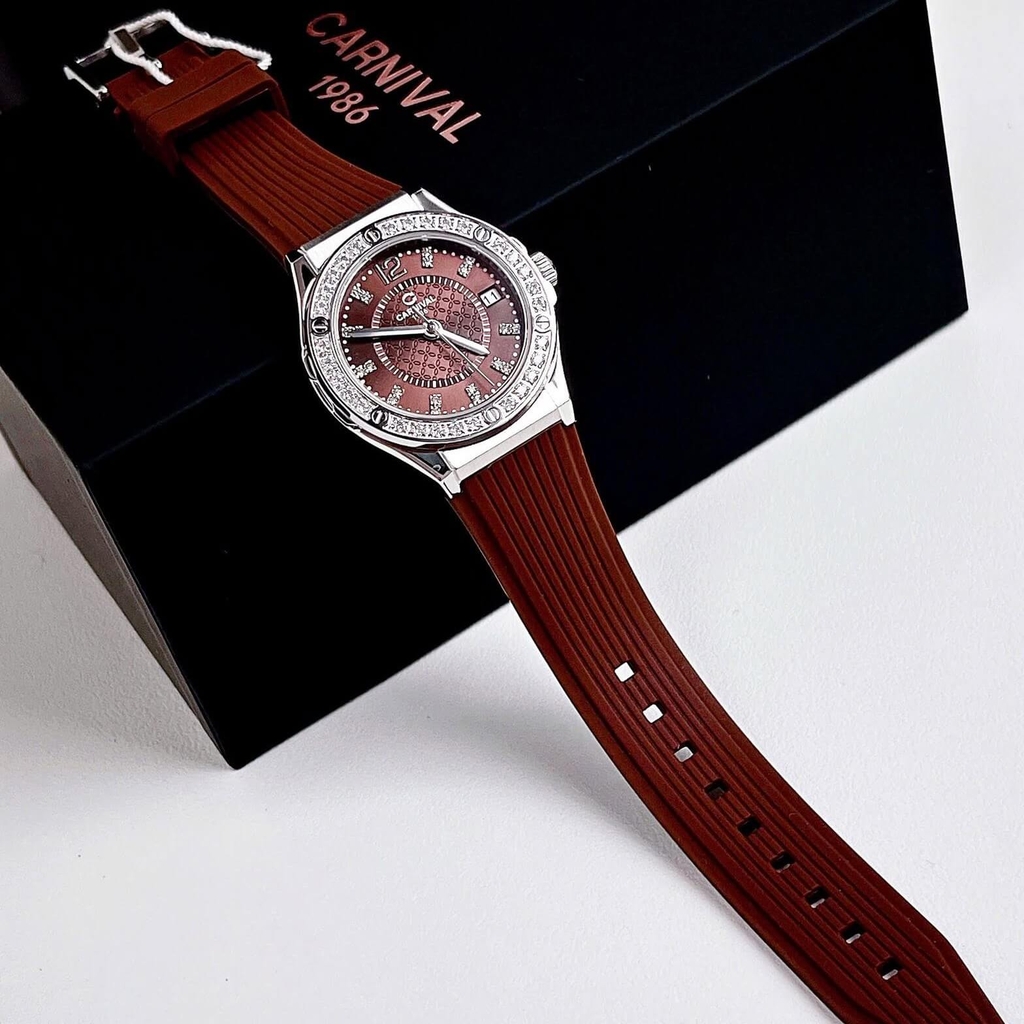 Đồng Hồ Nữ Carnival 8173L2 Dây Cao Su Nâu Đính Đá Silver Size 34mm Quartz Japan Carnival 8173L2-VT-DCS-N