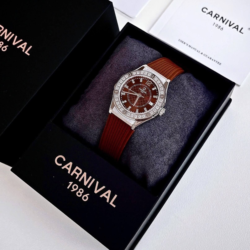 Đồng Hồ Nữ Carnival 8173L2 Dây Cao Su Nâu Đính Đá Silver Size 34mm Quartz Japan Carnival 8173L2-VT-DCS-N