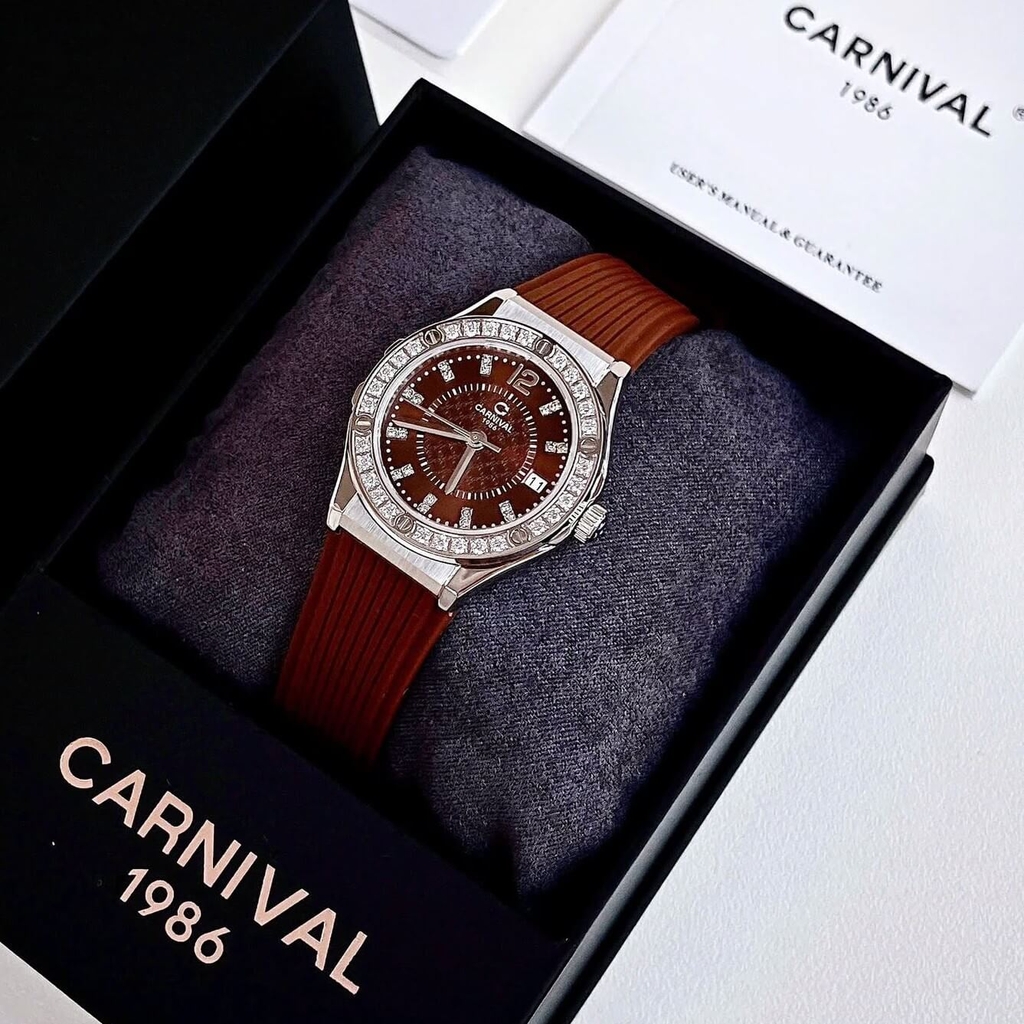 Đồng Hồ Nữ Carnival 8173L2 Dây Cao Su Nâu Đính Đá Silver Size 34mm Quartz Japan Carnival 8173L2-VT-DCS-N